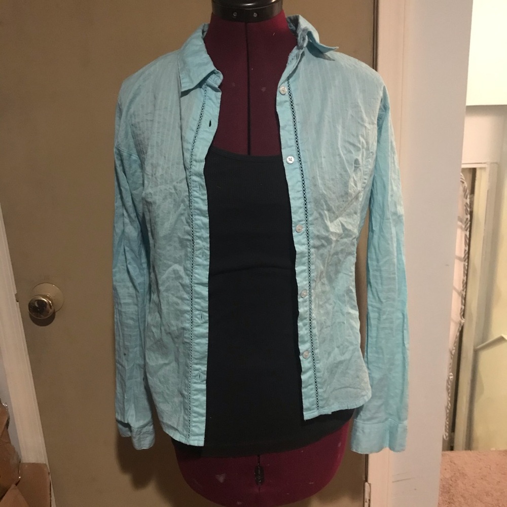 Bright blue button up shirt